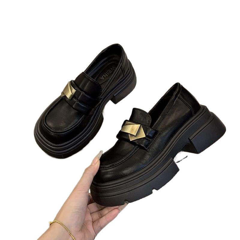 Black Thick Sole Heightening Loafers Women's Shoes2025Spring New Slip-On Shoes British Style Big Toe Small Leather Shoes