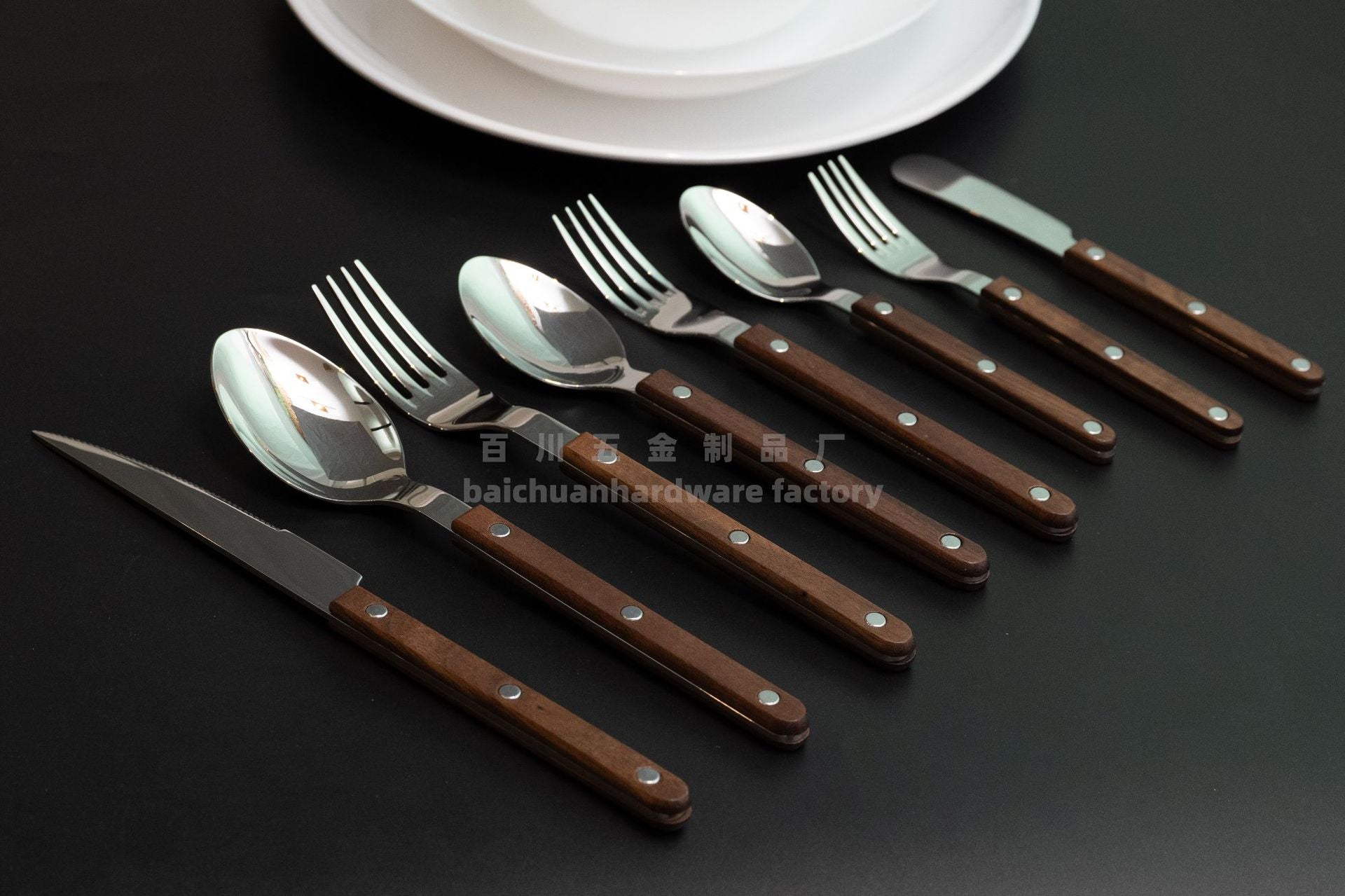 French Style Solid Wood Walnut Handle Western Cutlery Stainless Steel Knife Fork Spoon Wholesale Household Kitchen Western Restaurant