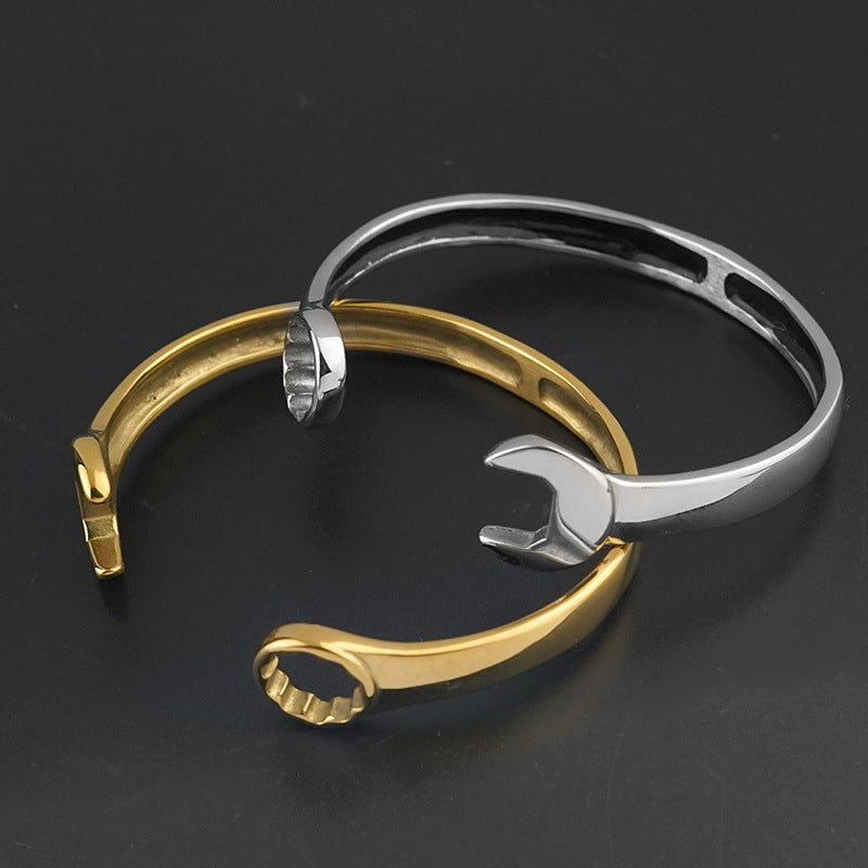 New Titanium Steel Fashion Personality Trendy Cool Men's Open Stainless Steel Wrench Bracelet Factory Wholesale