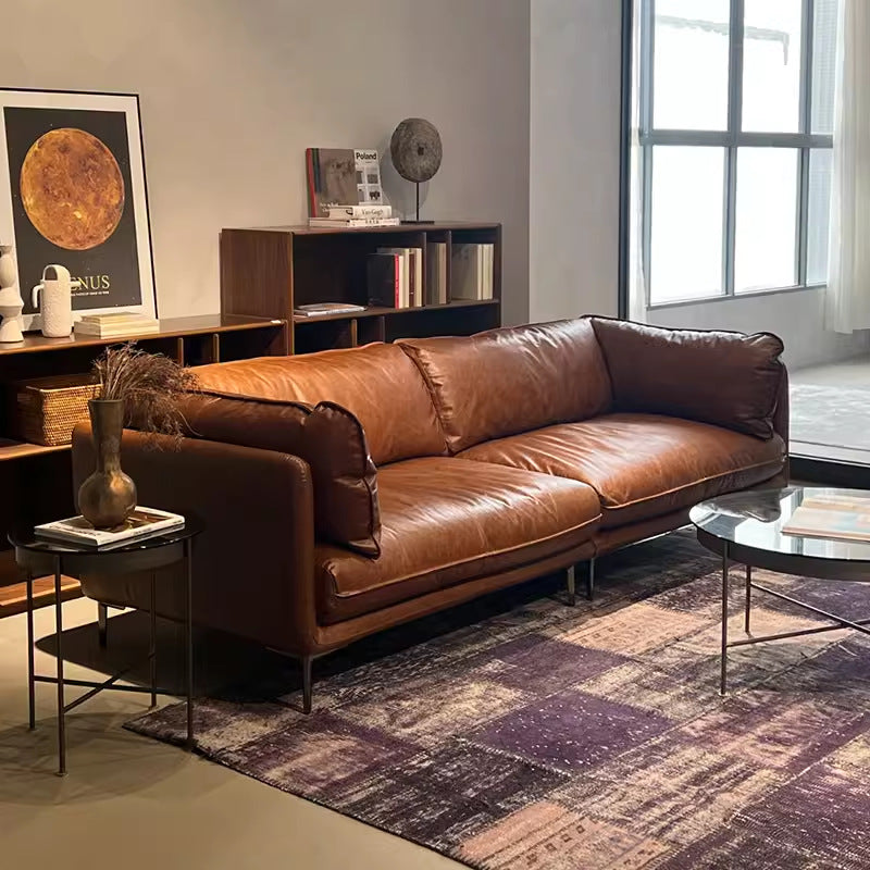 Factory Direct Sales Embrace Genuine Leather Sofa Nordic Italian Minimalist Full Top Grain Cowhide Vintage Retro Oil Wax Leather Sofa Shipping and tax not included