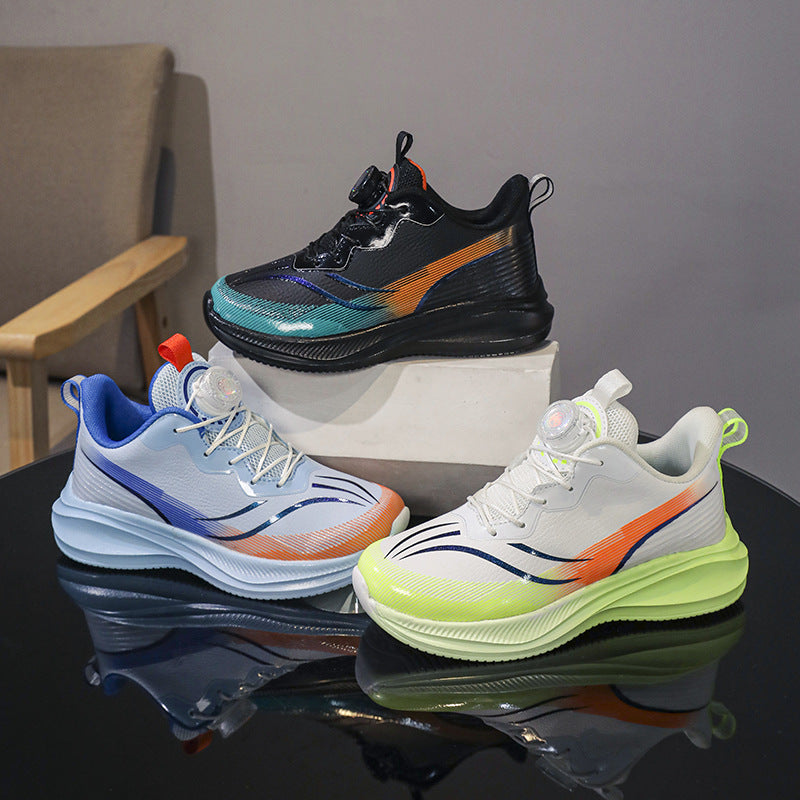 Red Rabbit Rotating Button Children's Shoes Leather Surface Waterproof Middle and Large Children Student Running Shoes Shock Absorption Lightweight Sports Shoes Comfortable