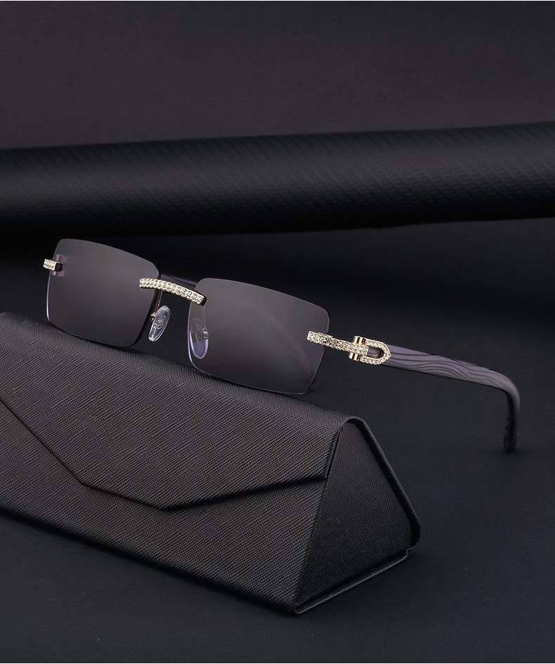 European and American Retro Frameless Men's Sunglasses with Diamond Inlay and Wood Grain Temples New Style Glasses Wholesale shades