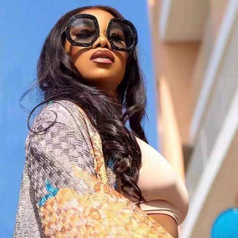 European and American Style Women's Sunglasses with Rhinestones, Irregular Polygonal Large Frame Sunglasses, Trendy High-End Glasses Wholesale