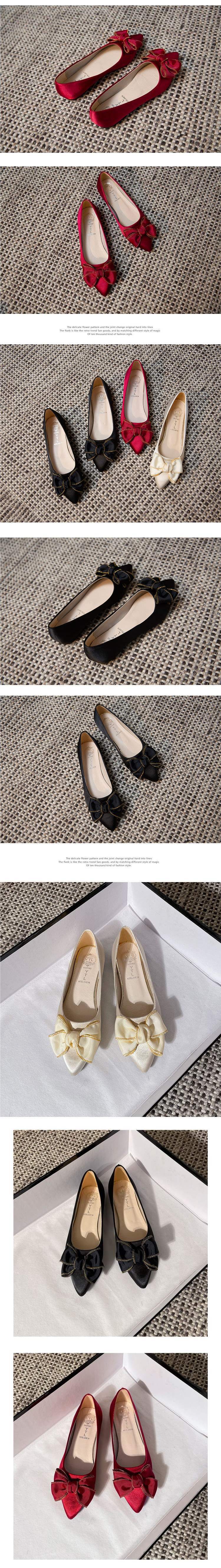 Red Wedding Shoes Bow2025New Women's Single Shoes Spring Autumn Versatile Shallow Mouth Pointed Toe Flat Bride Bridesmaid Shoes Trendy