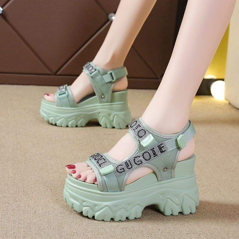 Women's Hidden Heel Sports Peep Toe Wedge Thick Sole Sandals2025Summer new style white rhinestone Velcro Roman shoes