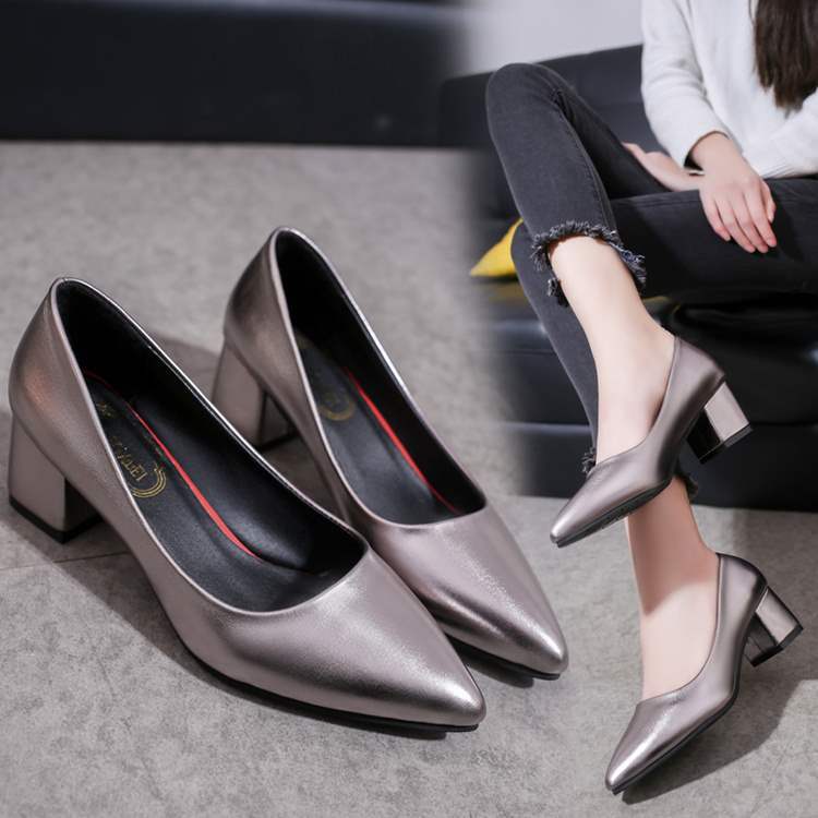 Spring and Autumn New Style Small Leather Shoes Thick Heel Square Buckle Single Shoes High Heels Black Professional Shoes Mid Heel Work Shoes Women's Shoes