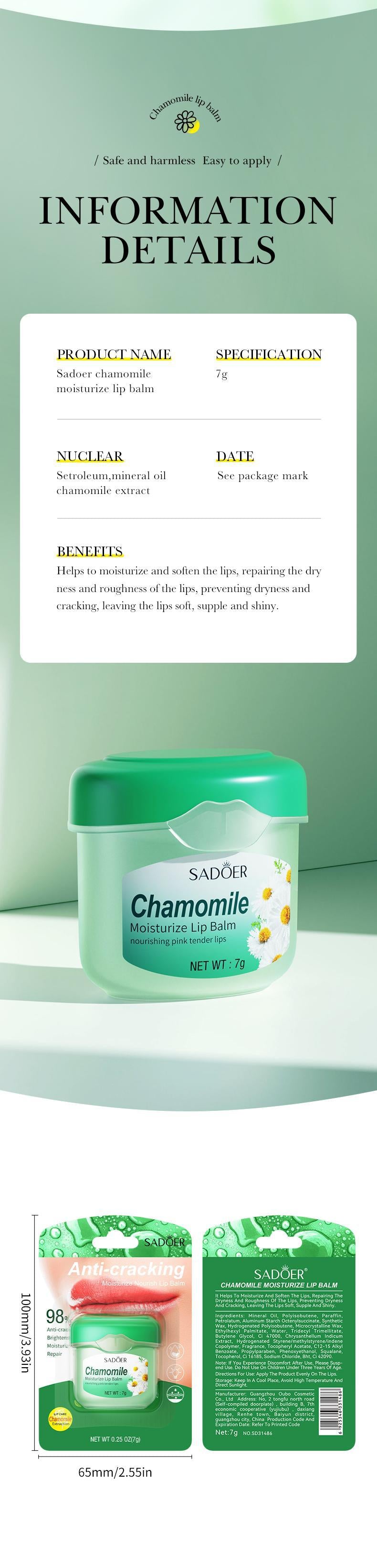 Full English Lip Balm SADOER Honey Hydrating Avocado Anti-Dry Crack Peach Lip Mask  Wholesale