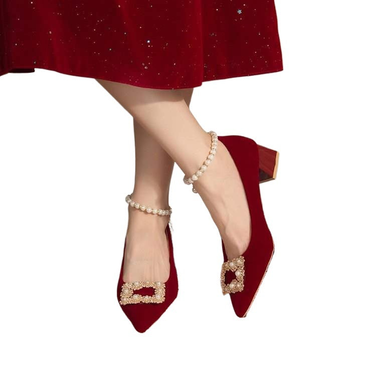 Pointed Elegant Burgundy High Heels2025New Year's New Socialite Bowknot Comfortable Bride Shoes Two-Way Wedding Shoes
