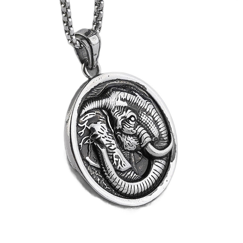 Men's Unique Titanium Steel Pendant Retro Animal Shape Necklace Jewelry Stainless Steel Round Elephant Pendant Wholesale
