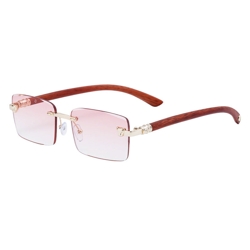 European and American Retro Frameless Sunglasses for Men with Imitation Wood Grain Temples, Men's Mountaineering Glasses shades