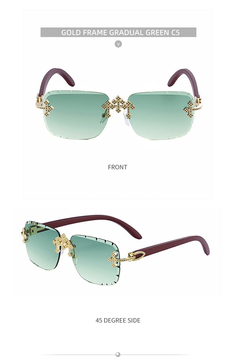 2025New European and American Retro Frameless Sunglasses for Men with Diamond Cut Edge and Imitation Wood Grain Temples Wholesale