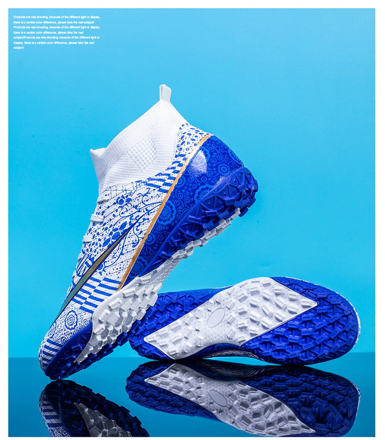 World Cup Same Style Blue and White Porcelain High-top Soccer Shoes for Men and Women, Children and Youth Competition Training Shoes