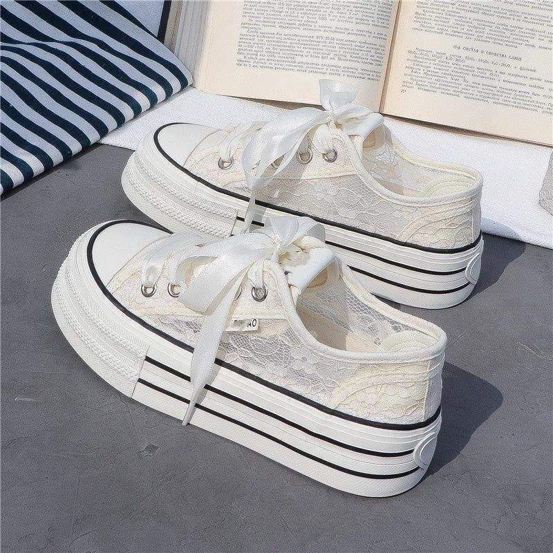 Women's White Sneakers with Breathable Mesh and Hollow Design2025Summer Versatile New Thick-Soled Casual Canvas Shoes ins