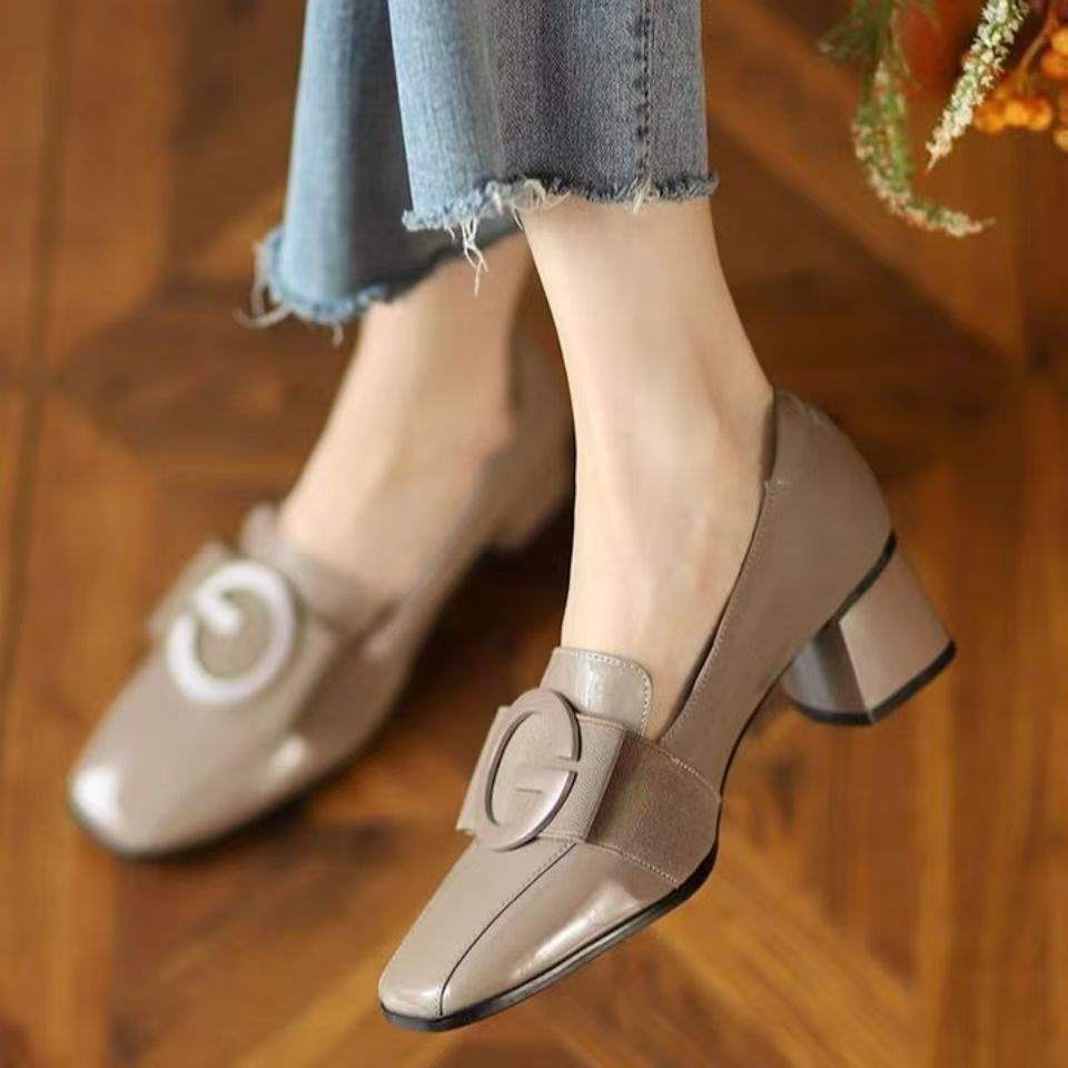Soft Leather Patent Leather New Style Women's Shoes Fragrance Style Korean Version Square Toe Elegant Small Leather Shoes Versatile Soft Sole Chunky Heel Loafers for Women