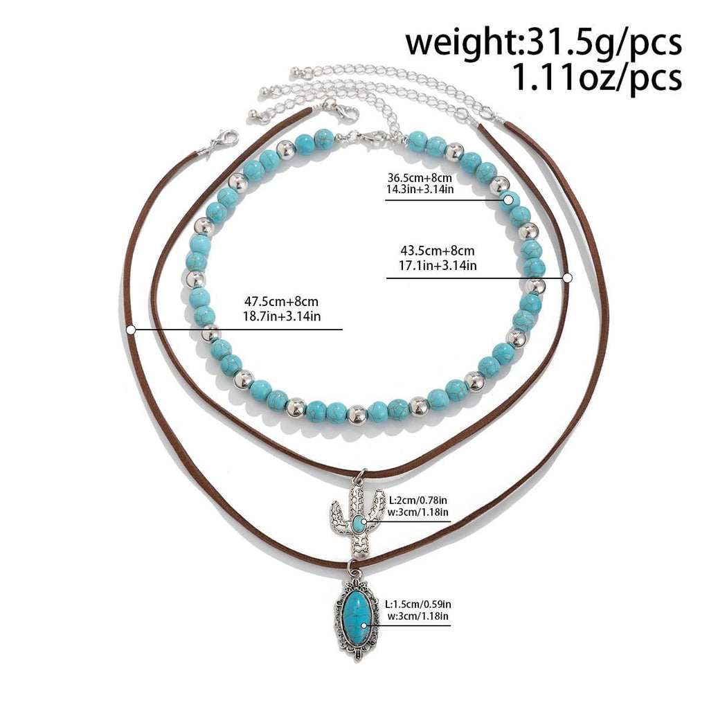 Western Cowboy Turquoise Necklace European and American Layered Necklace Set Cactus Boots Pendant Ethnic Style Retro Necklace