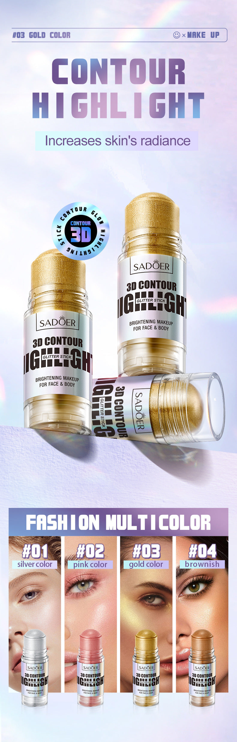 Bright Colors3D Highlighter SADOER Contouring and Shaping Makeup Highlight Stick Cross-Border Wholesale