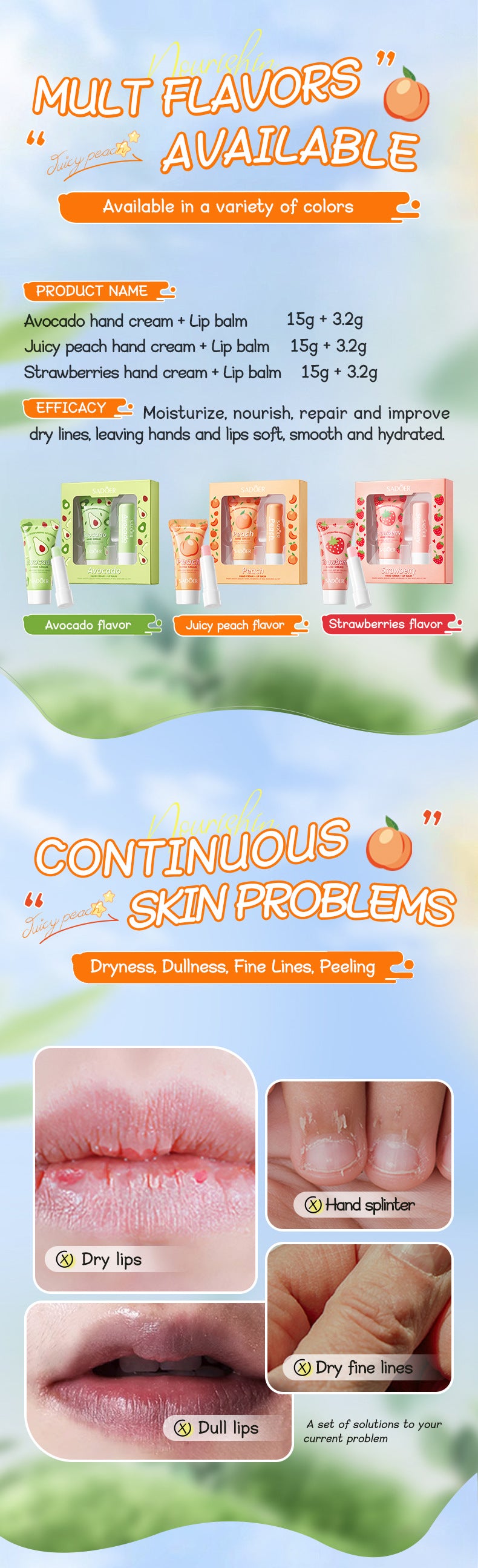 Full English Peach Hand Cream Lip Balm Set SADOER Nourishing Autumn and Winter Hand Cream Lip Balm  Wholesale