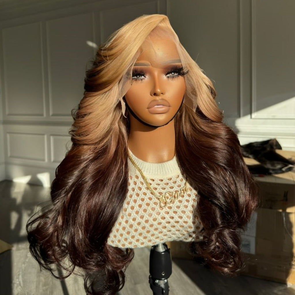 gold Brown Gradient Highlight Synthetic Wig Cross-Border Europe and America Blonde Ombre 13*4 Lace Front