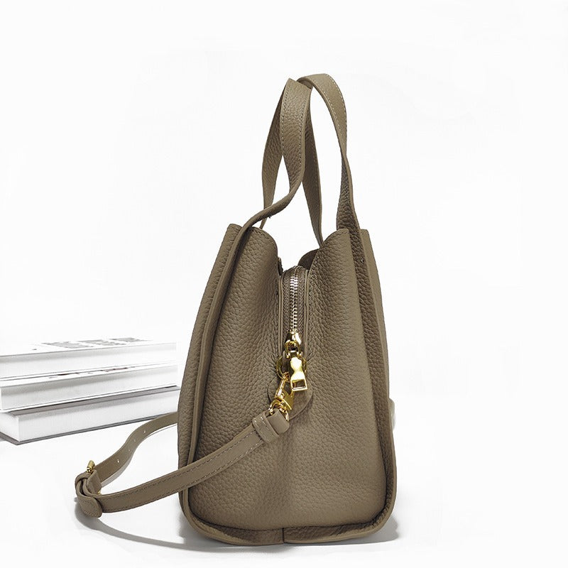 Genuine Leather Basket Bag Handheld Bucket Bag Women's Winter Crossbody Bag Large Capacity Top Layer Cowhide Bucket Style