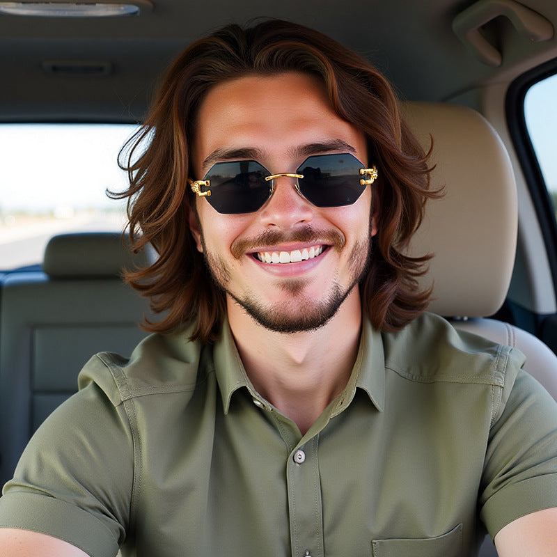 New European and American Retro Frameless Sunglasses for Men with Imitation Wood Grain Temples Wholesale Glasses shades