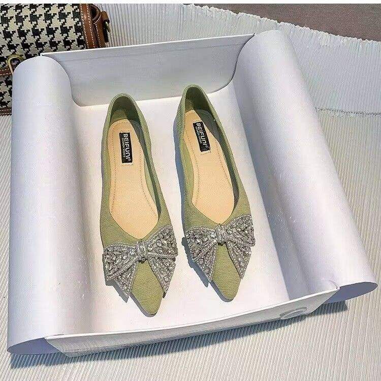Pointed Toe Women's Single Shoes2025Spring and summer new style rhinestone bowknot soft sole versatile elegant flat loafers