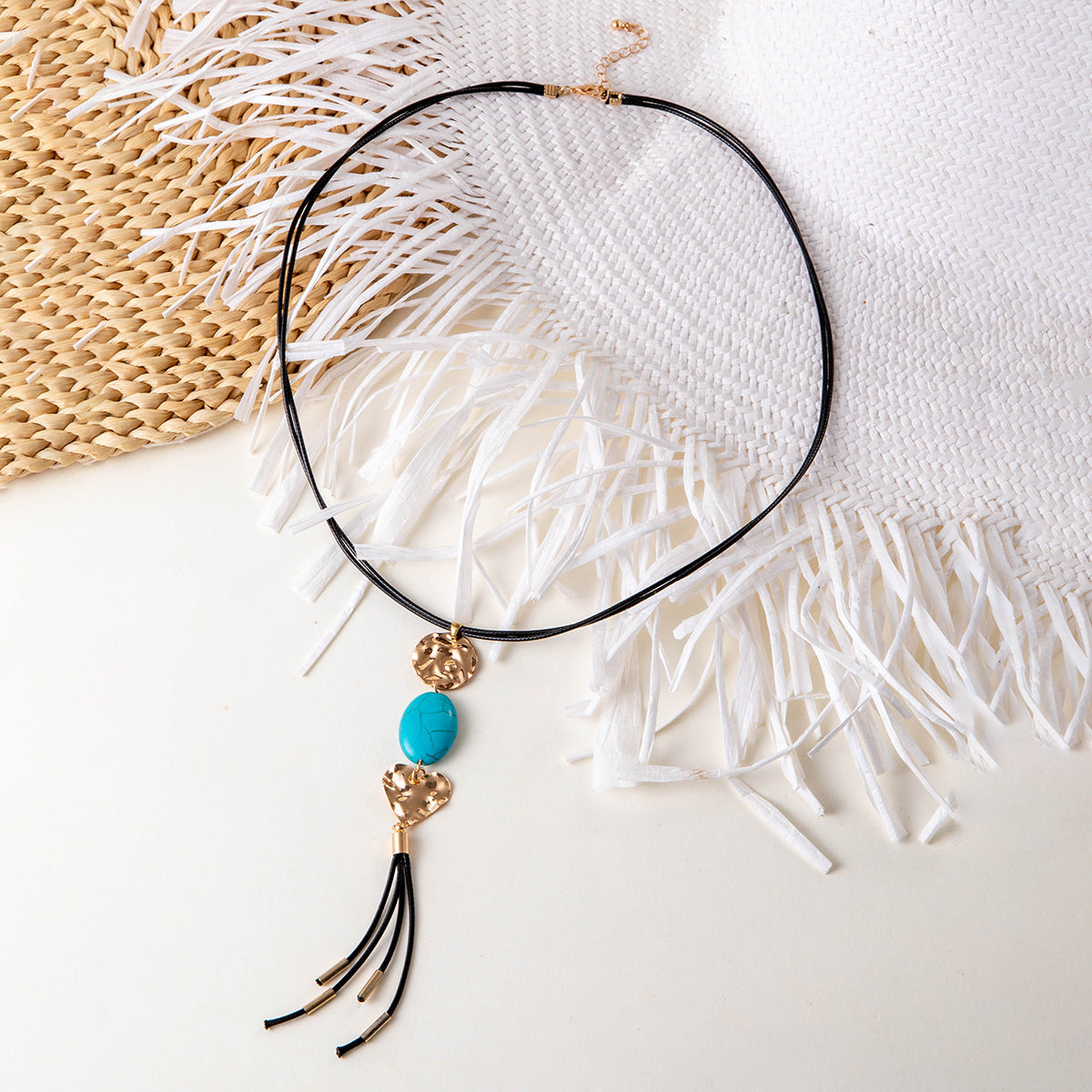 European and American Retro Turquoise Pendant Sweater Chain Design Heart-shaped Women's Autumn Winter Long Tassel Y Type Necklace