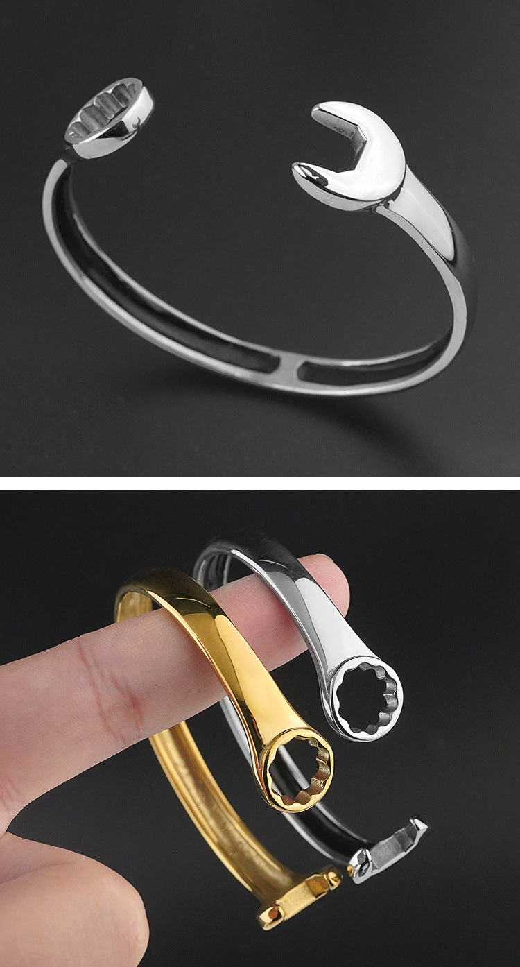 New Titanium Steel Fashion Personality Trendy Cool Men's Personality Open Stainless Steel Wrench Bracelet Factory Direct Sale