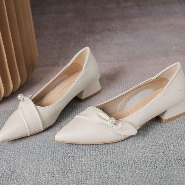 Women's French Style Professional Work Leather Shoes2025Spring and summer new style commuting temperament pointed toe chunky heel women's shoes