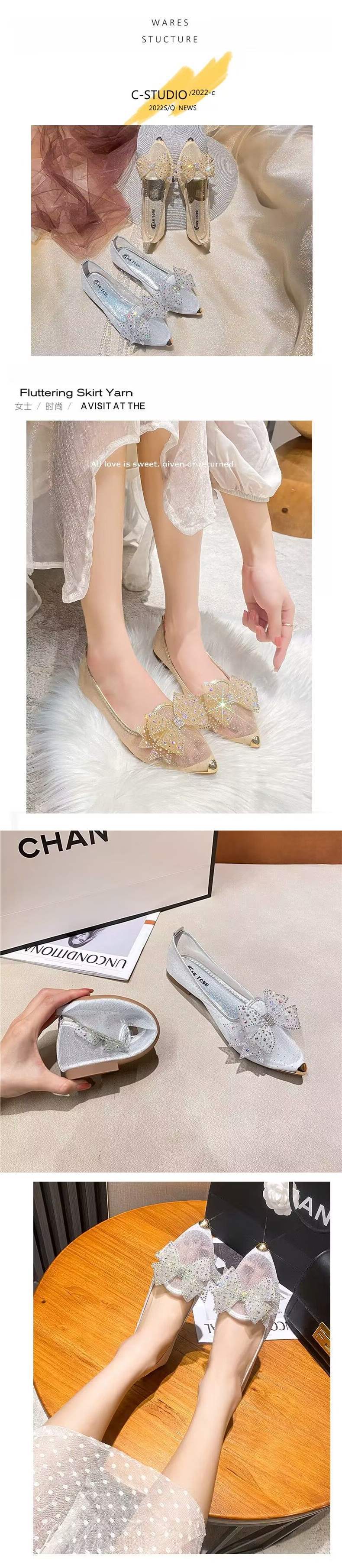 Women's Summer Mesh Single Shoes2025New Rhinestone Bow Gentle Style Lady Shoes Flat Breathable Mesh Shoes Pointed Toe