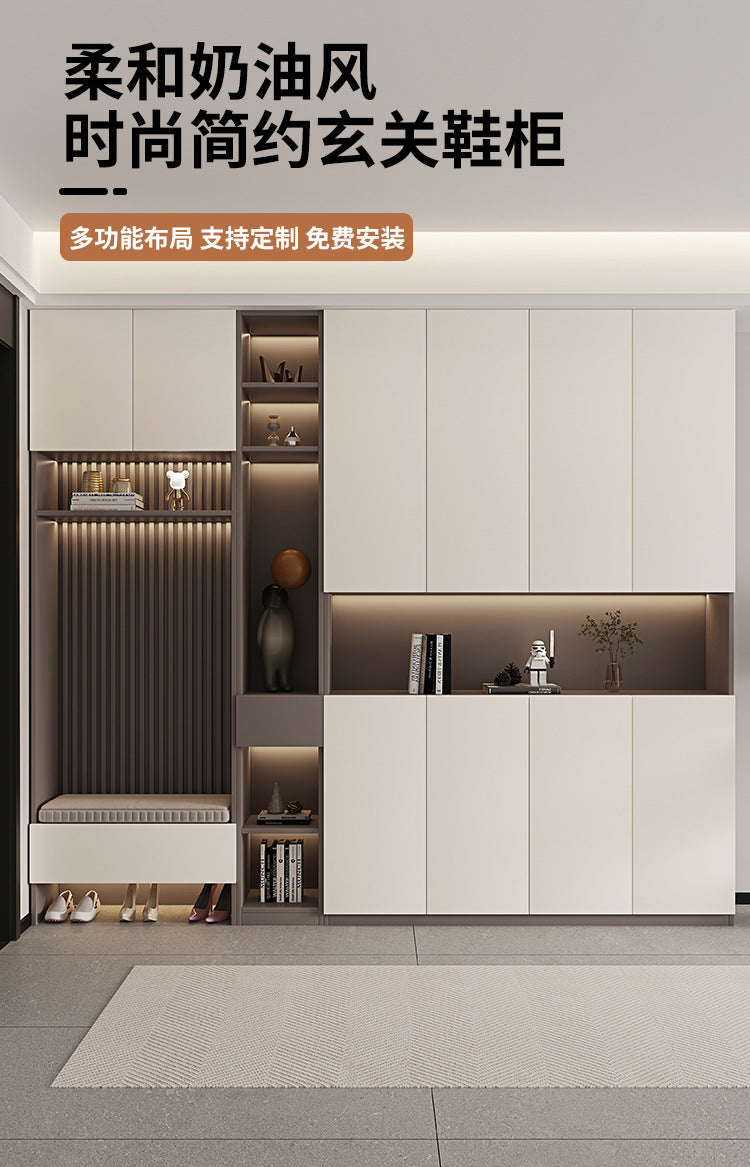 Custom Entryway Wall-Mounted Shoe Cabinet Home Doorway Entryway Cabinet Integrated Entryway with Door Cream Solid Wood High Cabinet