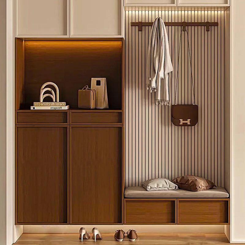 Meikexin French Style Solid Wood Entryway Shoe Rack and Coat Rack with Shoe Changing Stool, Multi-Functional Integrated Wall-Mounted Whole House Customization System