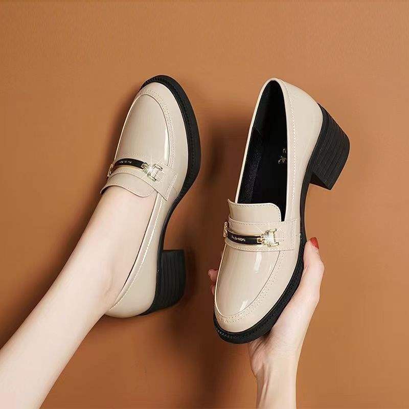 Soft Sole Women's Single Shoes Retro Spring and Autumn New Thick Heel Loafers Mid Heel Round Toe Chanel Style Slip-On