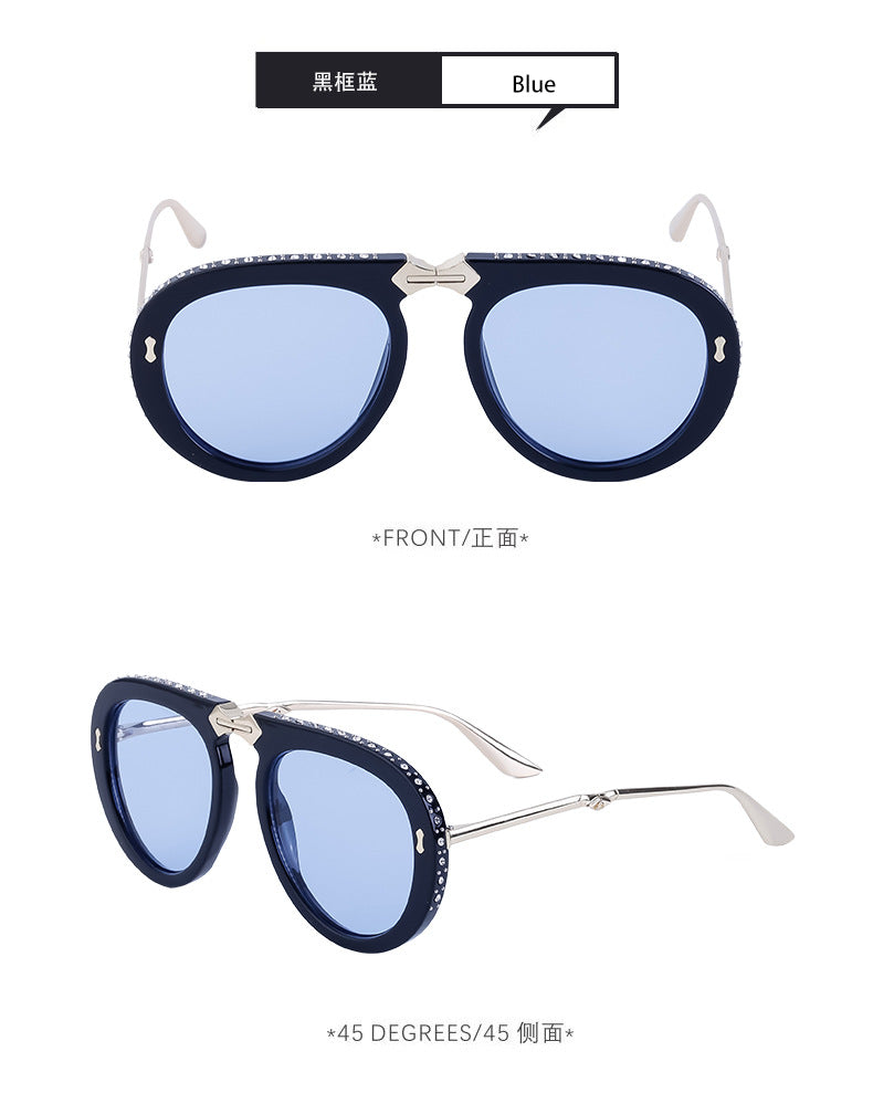 Diamond-Encrusted Foldable Sunglasses for Women Fashionable Internet Celebrity Style Sunglasses Artistic Bare-Faced Glasses Toad Glasses sunglasse