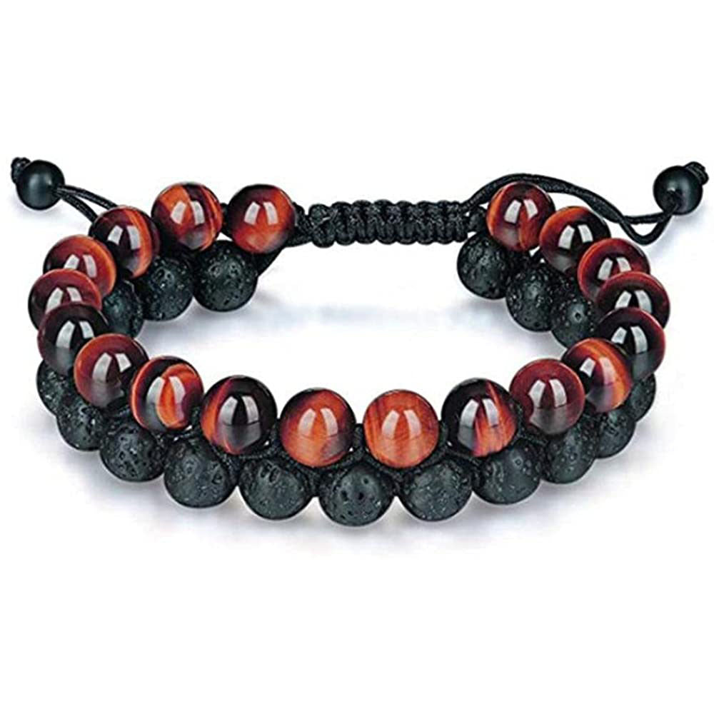 White Pine Matte Double Layer Bracelet Adjustable Handmade Woven Tiger Eye Bracelet Men's Volcanic Stone Double Row Woven Bracelet