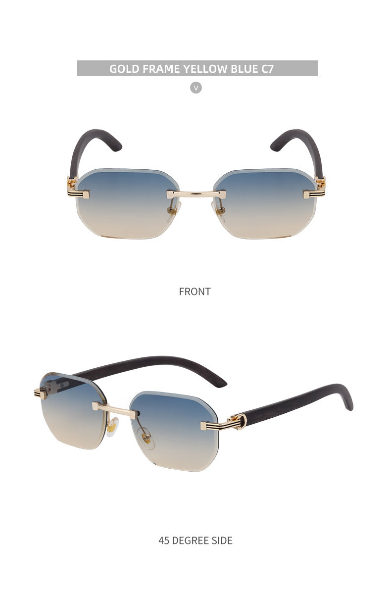Frameless Glasses for Men High-End European and American Retro Imitation Wood Grain Temple Sunglasses UV Protection Personality Sunglasses