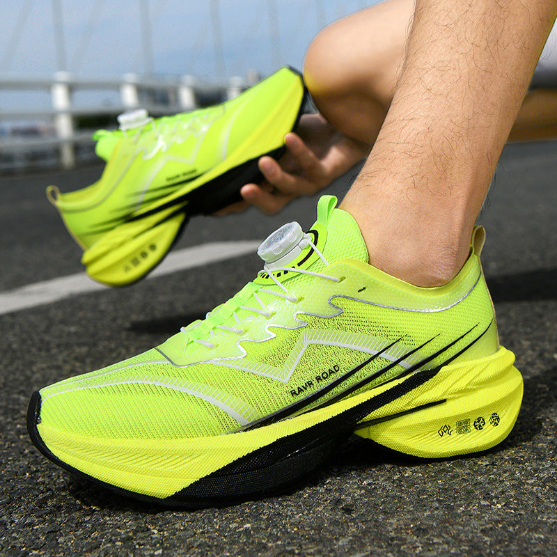 Summer New Hollow Breathable Rotating Buckle Racing Running Shoes Full Palm Carbon Plate Thick Sole Cushioning Sports Shoes