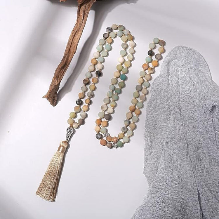 Hot Sale108Natural Stone Beaded Necklace Mala Beads Tassel Handmade Stone Sweater Chain