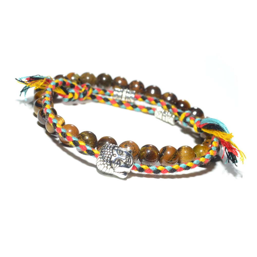 Blue Tiger Eye Stone Bracelet Single Circle Natural Stone Beaded Bracelet Volcanic Stone White Pine Chicken Wing Wood Long Bracelet