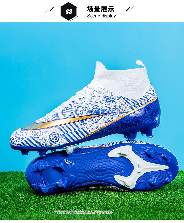 World Cup Same Style Blue and White Porcelain High-top Soccer Shoes for Men and Women, Children and Youth Competition Training Shoes