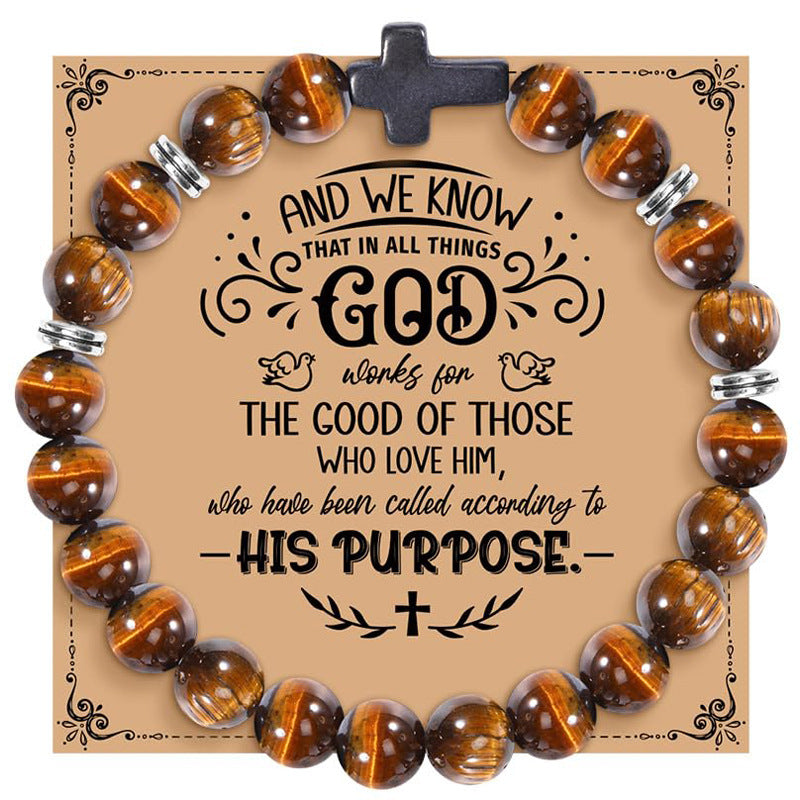 Dragon Pattern Stone Bracelet8mm Beaded Cross Gift Bracelet Natural Tiger Eye Volcanic Stone Faith Cross Bracelet