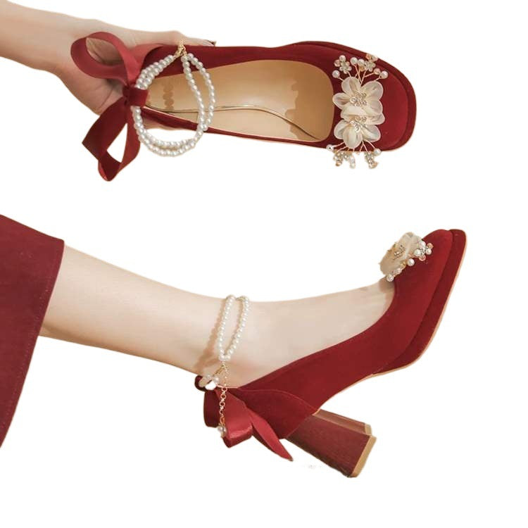 Red Thick-Soled Height-Increasing Wedding Shoes for Women2025New Bride Shoes Xiuhe Wedding Dress Dual-use Thick Heel Not Tired Feet High Heels