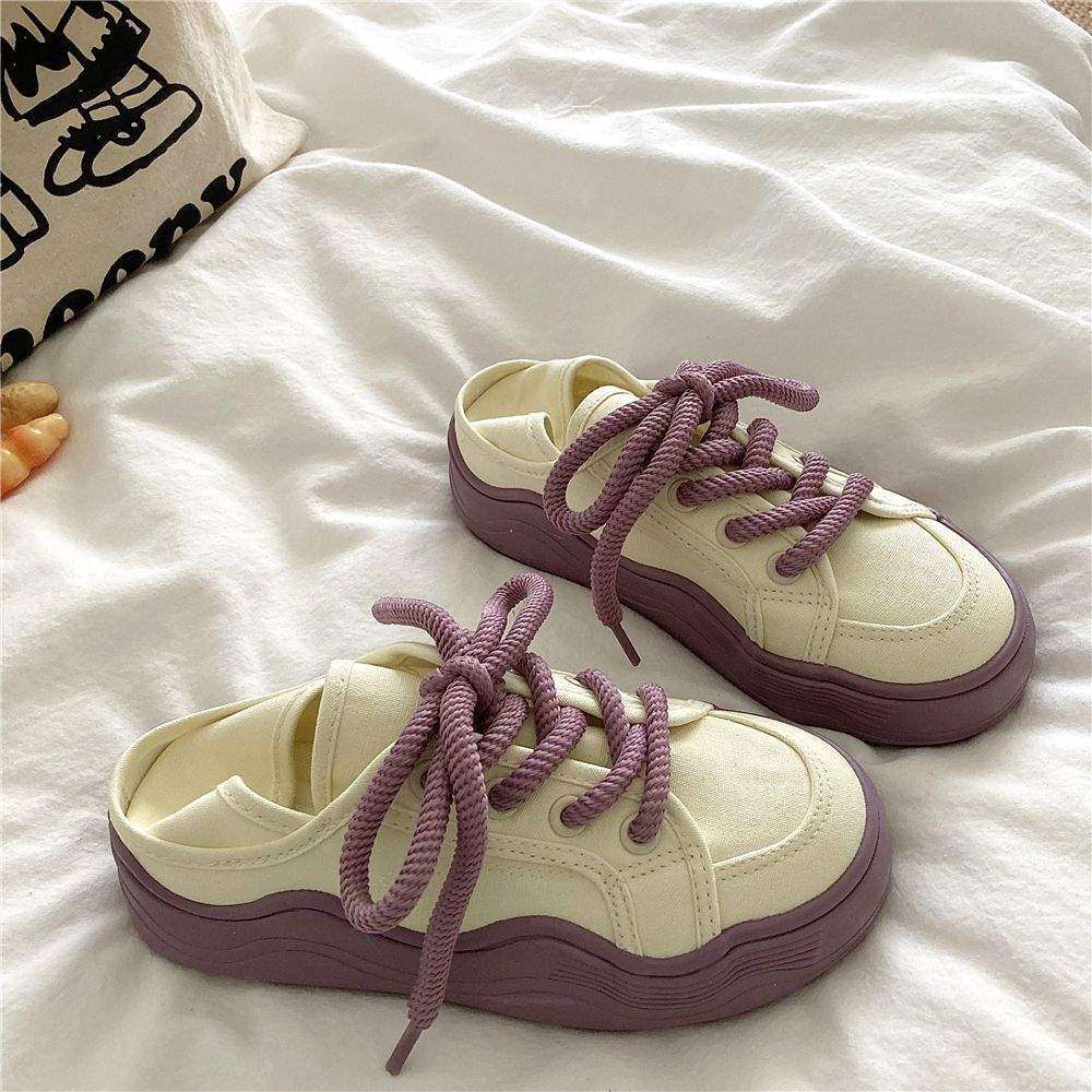 Honeydew Green~!Niche chic Korean Style Two-Way Canvas Shoes for Women, Summer Breathable Thin Versatile Thick-Soled White Shoes