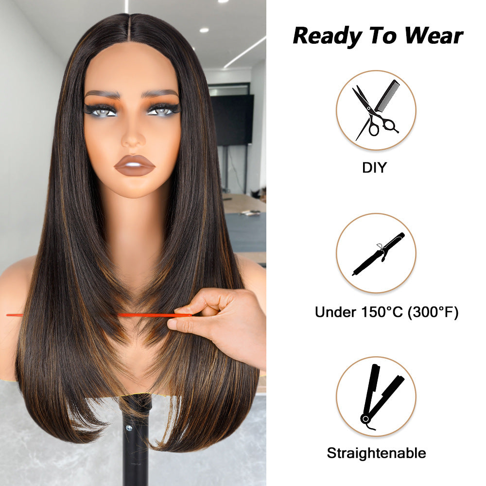 Factory Direct Cross-Border Wigs High Light Straight Layers Lace  Front Wig
