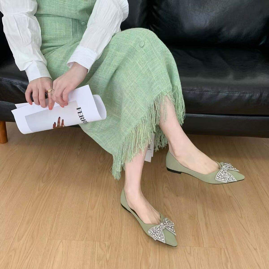 Pointed Toe Women's Single Shoes2025Spring and summer new style rhinestone bowknot soft sole versatile elegant flat loafers