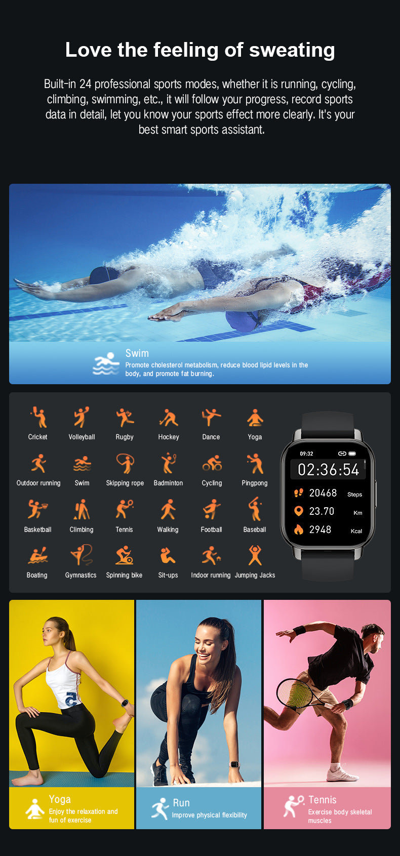 P66Smart Watch1.85inch Bluetooth call heart rate pedometer sleep monitor IP68Deep Waterproof Sports