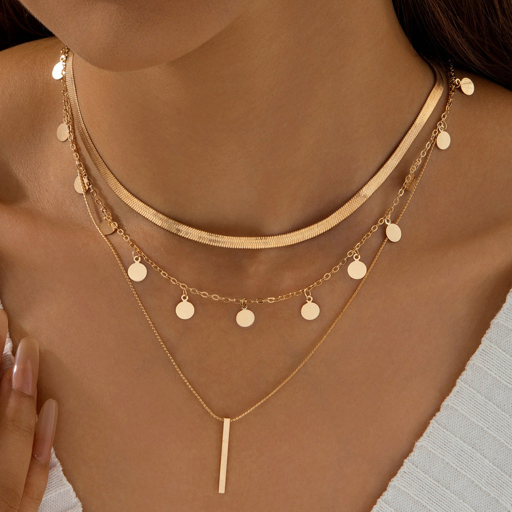 European and American Fashion Collarbone Chain Round Pendant Tassel Multi-layer Stacking Necklace Layered One-word Necklace3Set