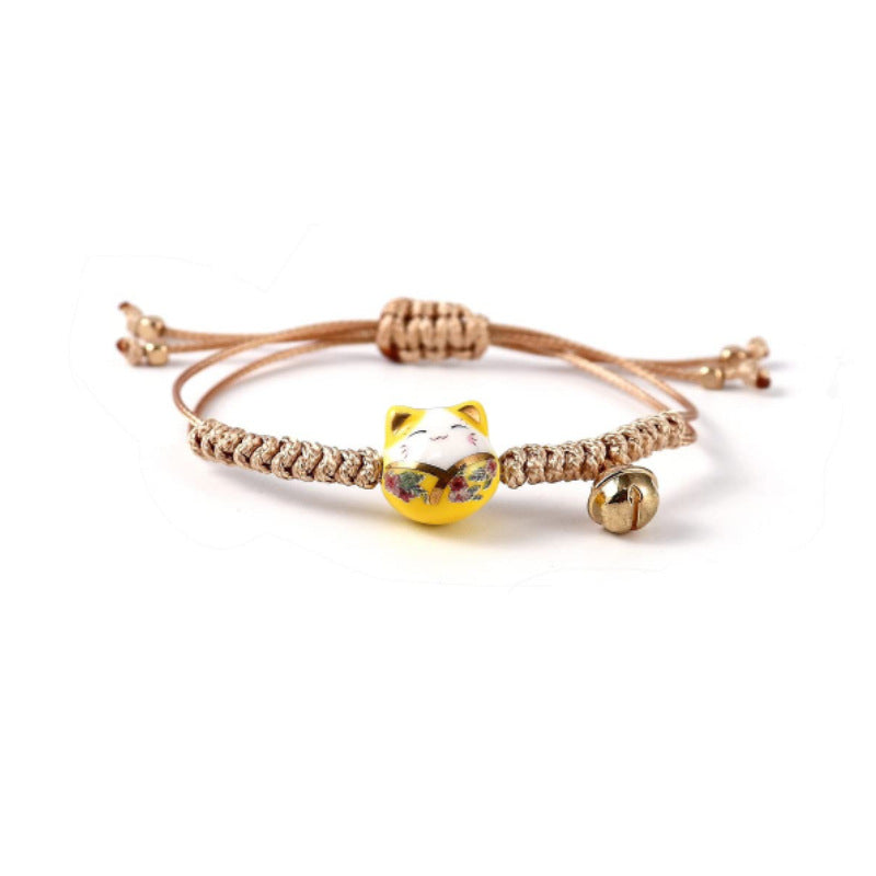 Vintage Ceramic Cat Handmade Woven Bracelet for Women Best Friend Gift Bell Pendant Cartoon Lucky Cat Woven Bracelet
