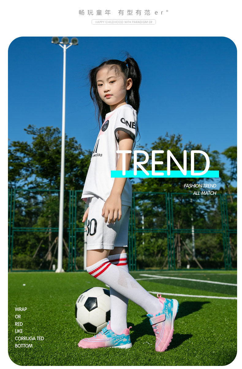 New Football Shoes for Men, Women, and Children, Imitation Leather Low-Top Anti-Collision Spike Magic Tape Grass Training Sports Shoes