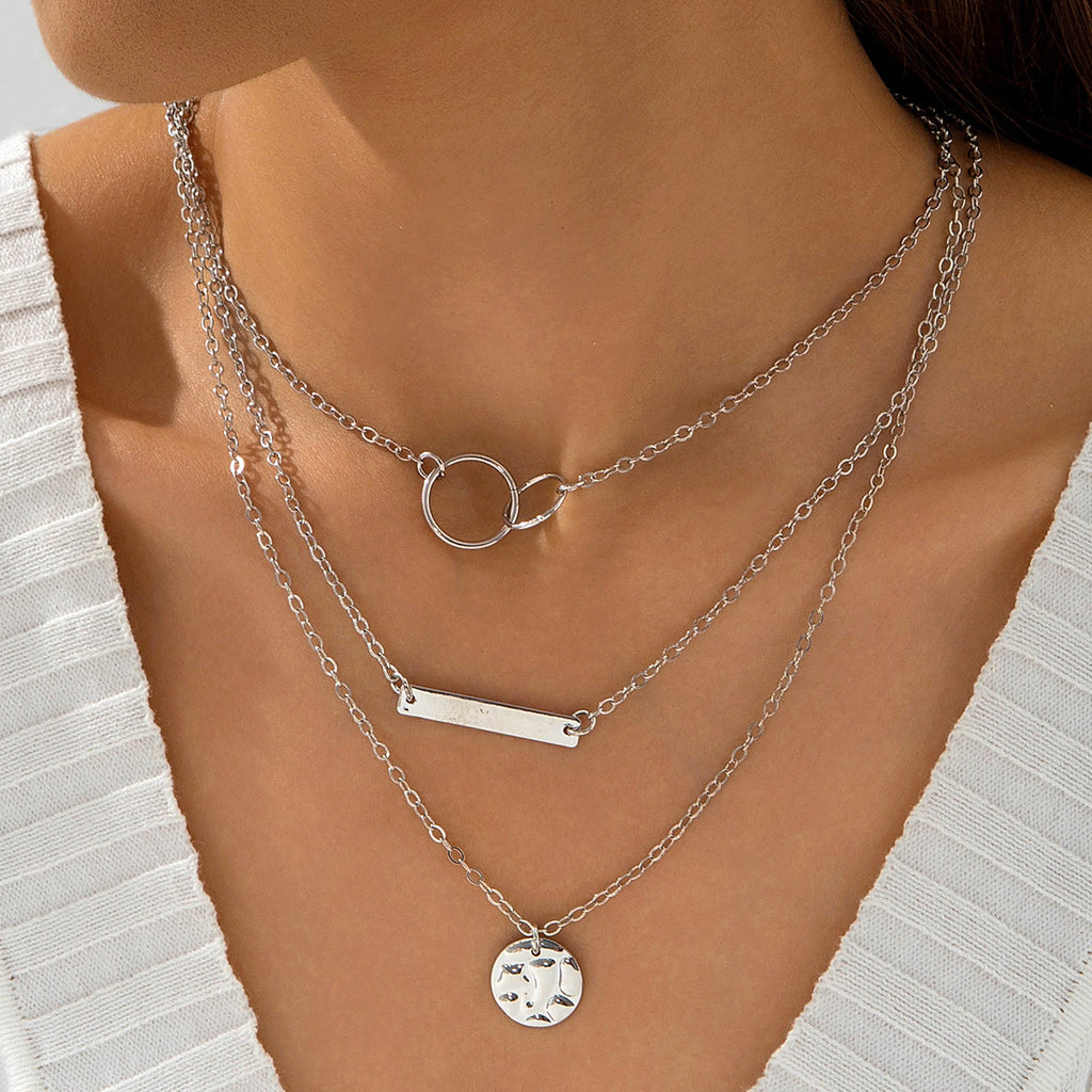 European and American Fashion Collarbone Chain Round Pendant Tassel Multi-layer Stacking Necklace Layered One-word Necklace3Set