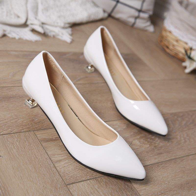 Low Heel High Heel Shoes Shiny Leather Cat Heel Shoes for Women3cm Stiletto Low Heel Korean Style Elegant Pointed Toe Small Heel Single Shoes Work Shoes